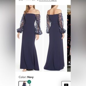 Eliza J navy scuba crepe evening dress with 3D floral sleeve